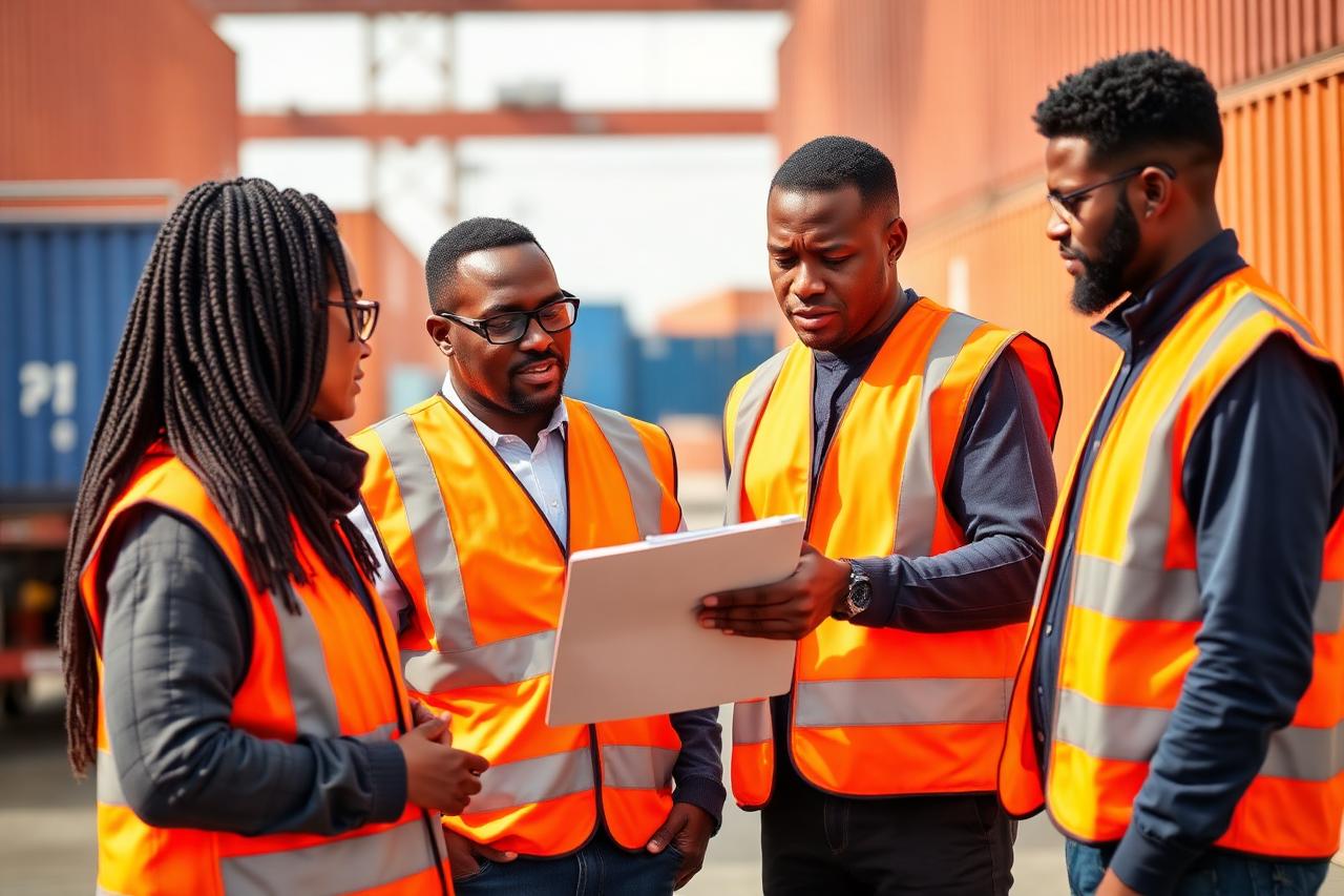 Top Base Logistics team reviewing shipping documents at a container yard